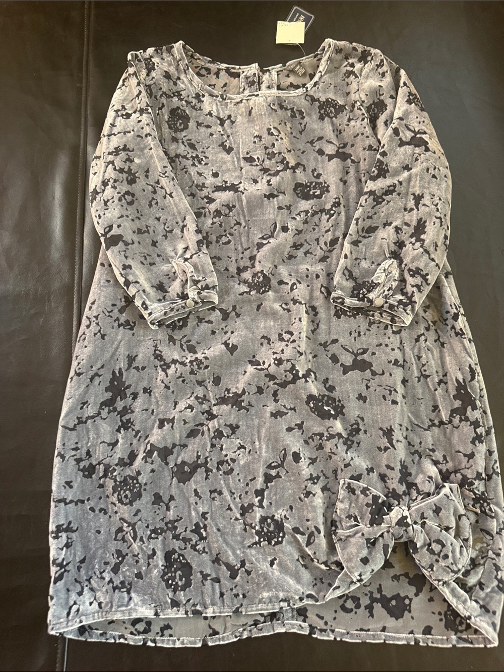 Gray Floral-Print Long Sleeve Tunic with Bow Detail